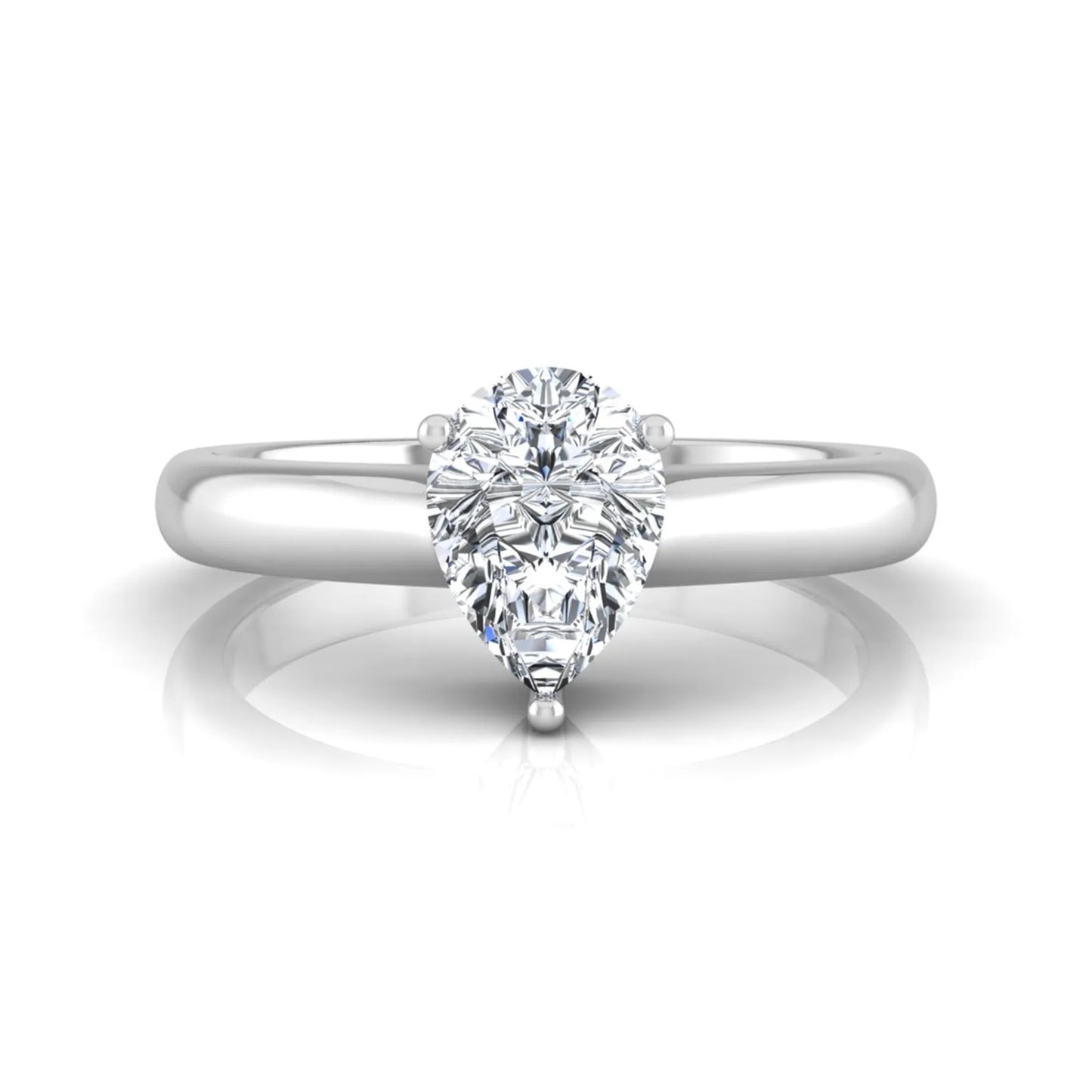 Pear cut solitaire lab grown diamond engagement ring with a polished white gold comfort-fit band.