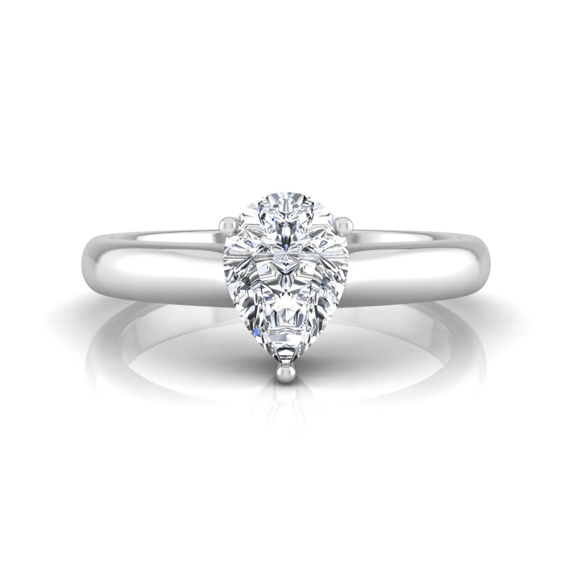 Pear cut solitaire lab grown diamond engagement ring with a polished white gold comfort-fit band.