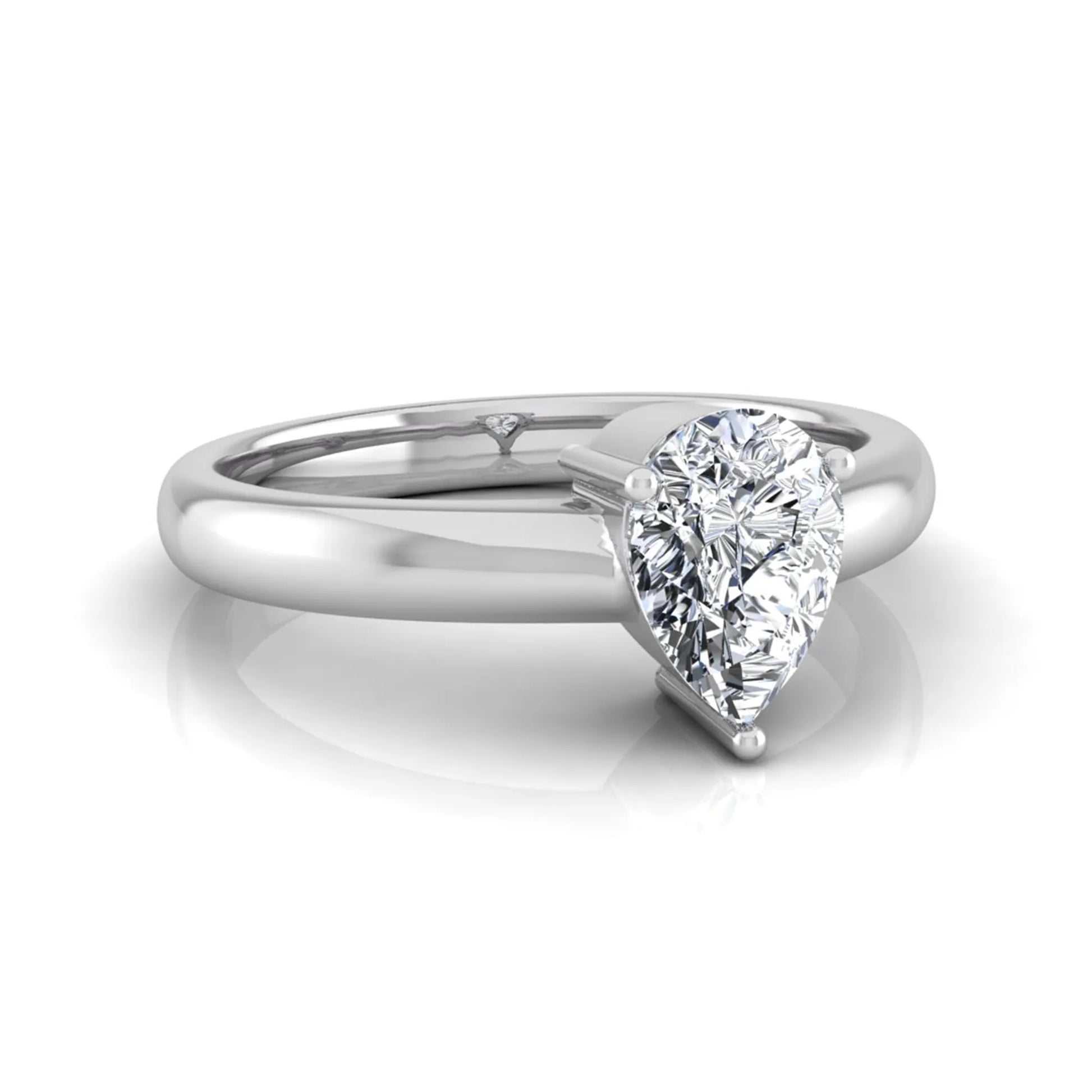 Pear cut solitaire lab grown diamond engagement ring with a polished white gold comfort-fit band.