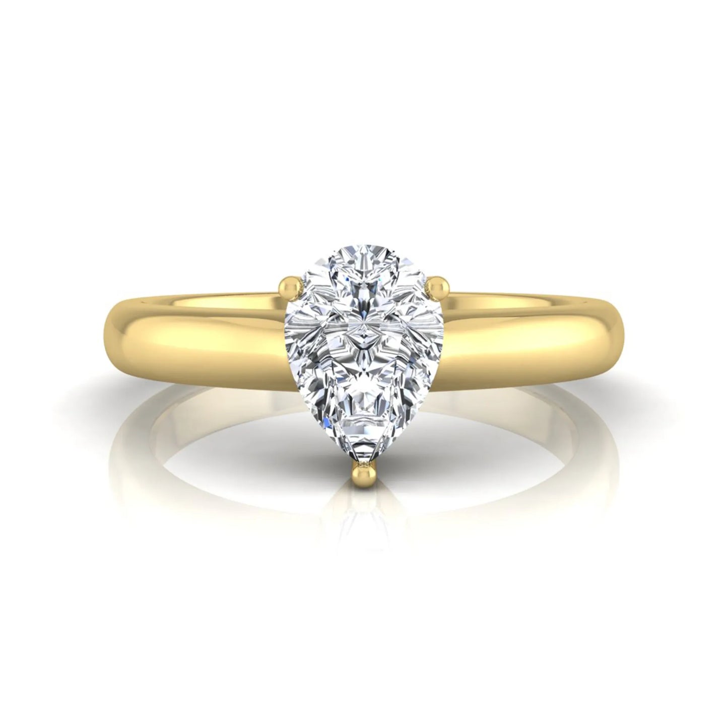 Pear cut solitaire lab grown diamond engagement ring with a polished yellow gold comfort-fit band.