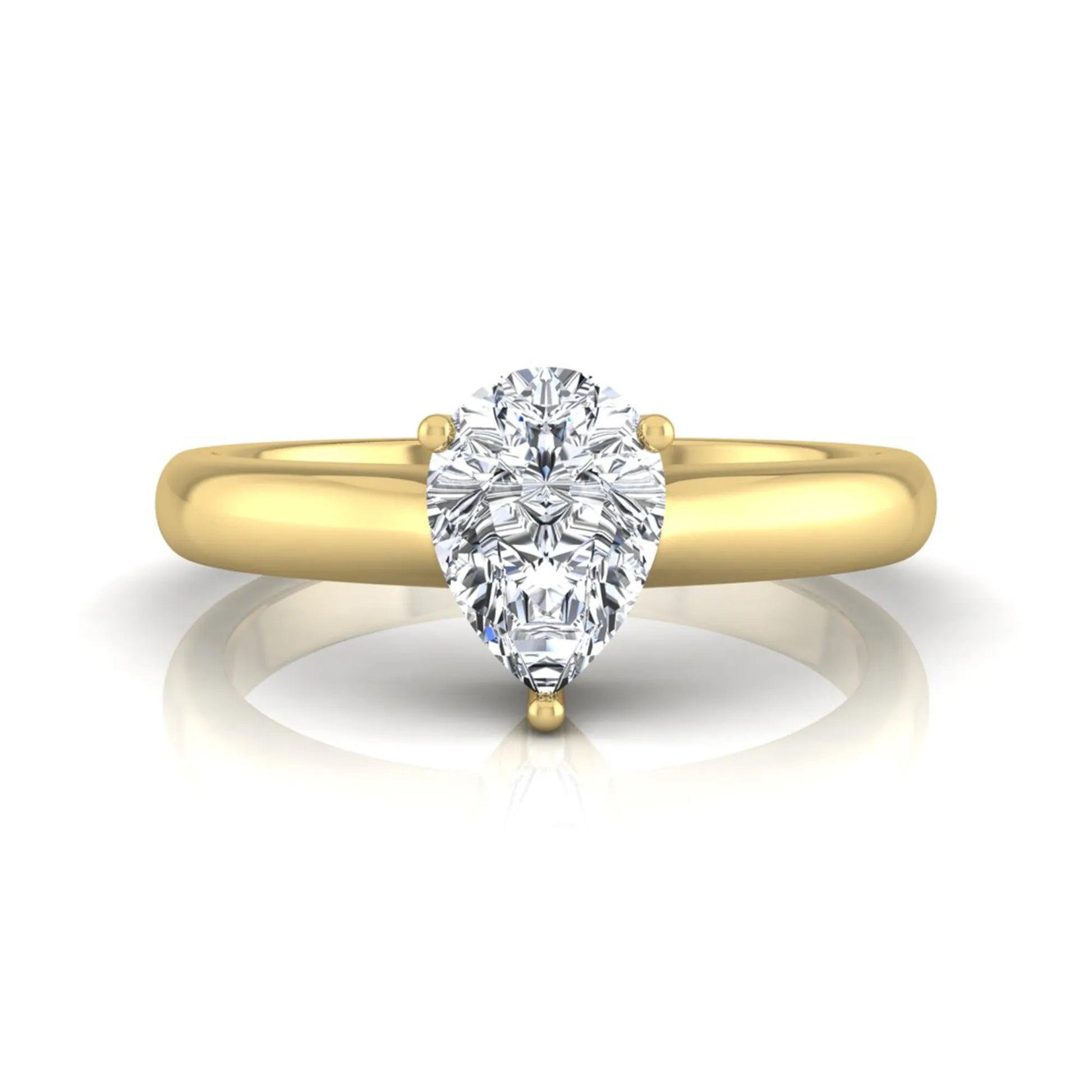 Pear cut solitaire lab grown diamond engagement ring with a polished yellow gold comfort-fit band.