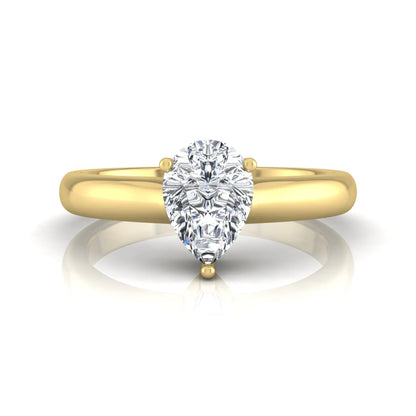 Pear cut solitaire lab grown diamond engagement ring with a polished yellow gold comfort-fit band.