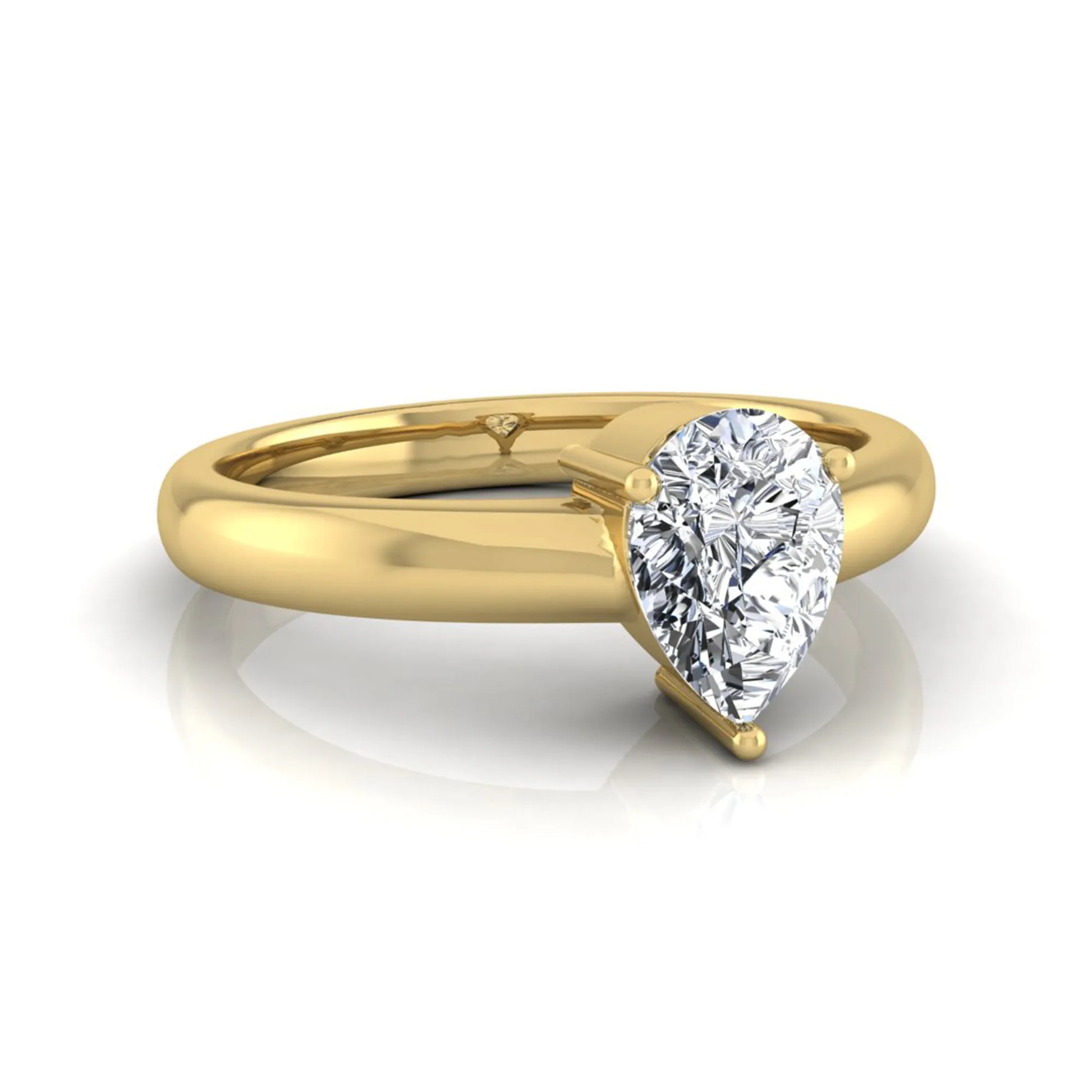 Pear cut solitaire lab grown diamond engagement ring with a polished yellow gold comfort-fit band.