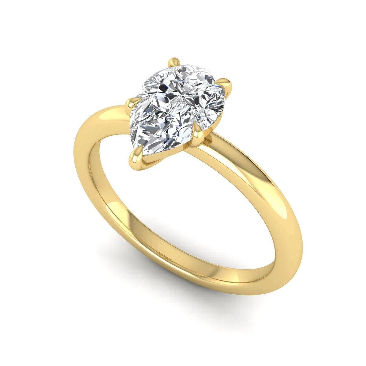 Pear cut lab grown diamond solitaire engagement ring in a four-prong yellow gold setting