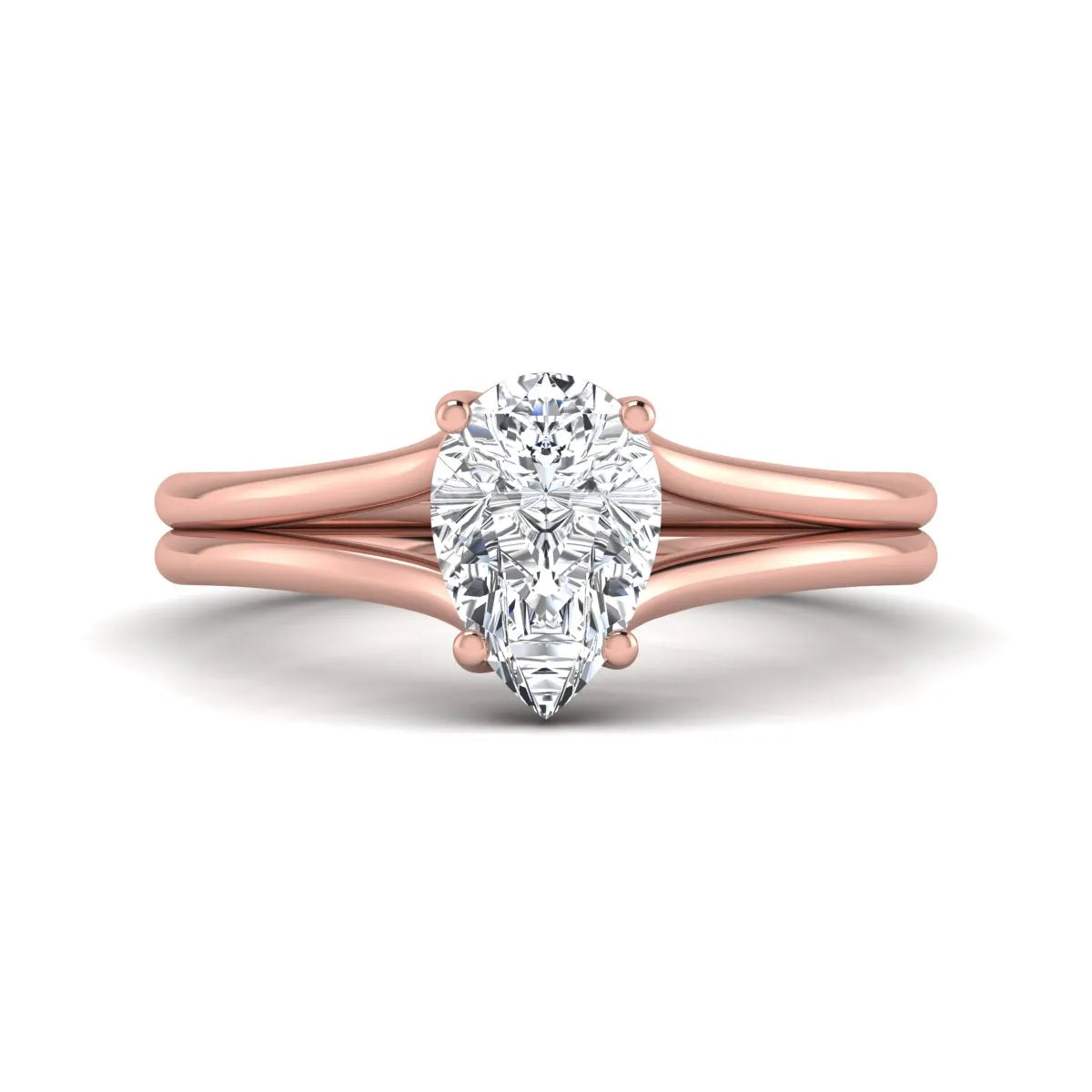 IGI certified 1.34 carat pear cut lab grown diamond solitaire engagement ring with elegant split shank in rose gold.