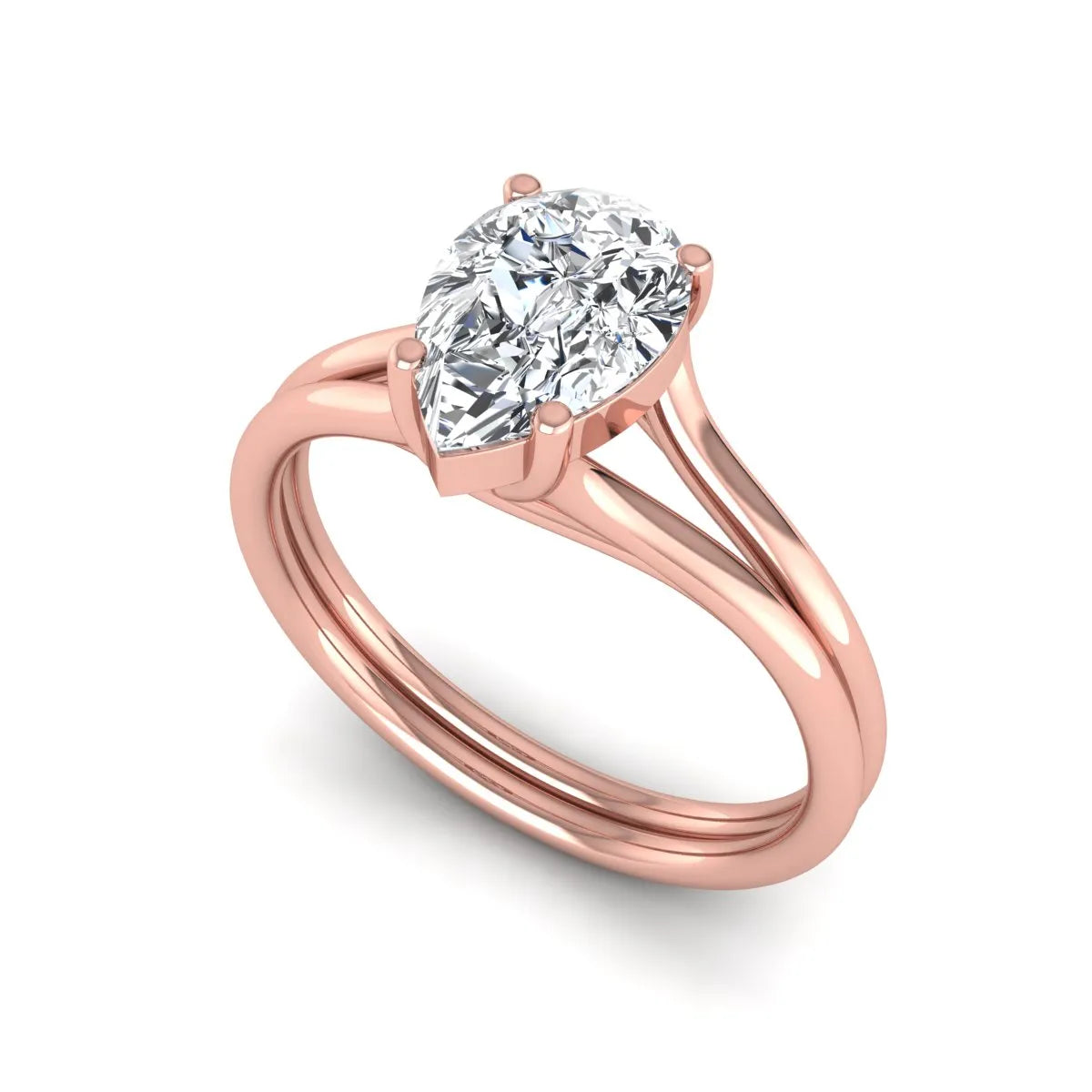 IGI certified 1.34 carat pear cut lab grown diamond solitaire engagement ring with elegant split shank in rose gold.