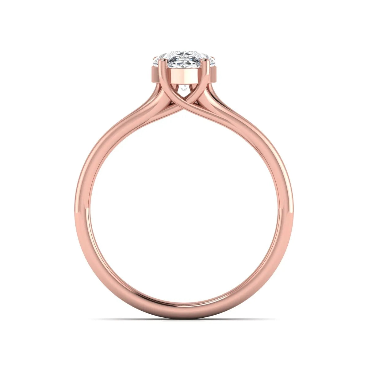 IGI certified 1.34 carat pear cut lab grown diamond solitaire engagement ring with elegant split shank in rose gold.