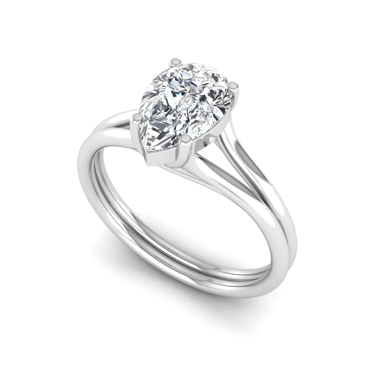 IGI certified 1.34 carat pear cut lab grown diamond solitaire engagement ring with elegant split shank in white gold.