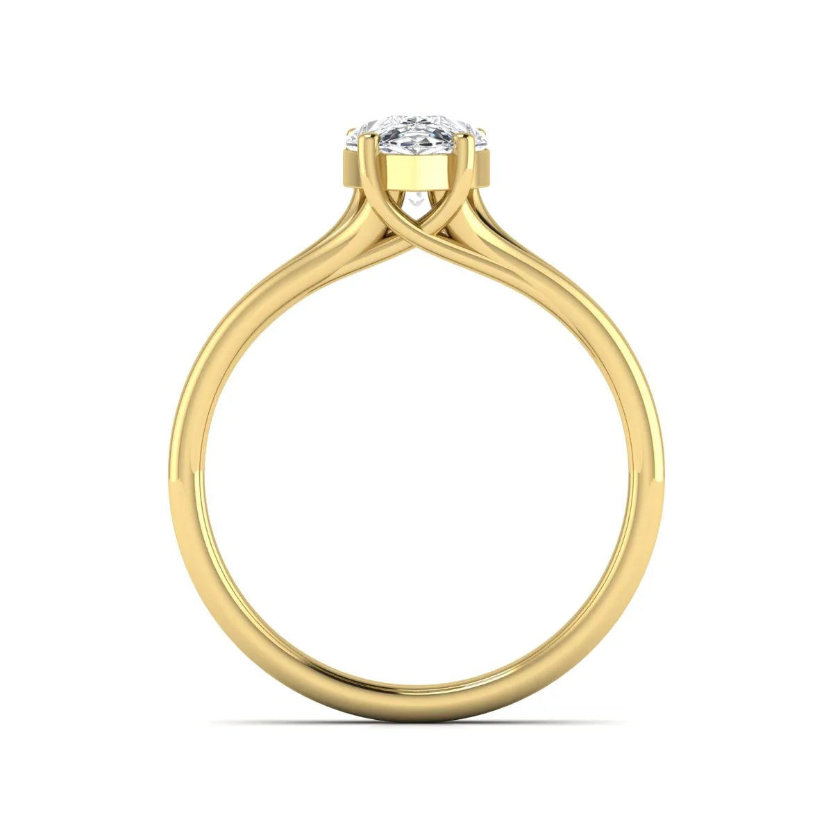 IGI certified 1.34 carat pear cut lab grown diamond solitaire engagement ring with elegant split shank in yellow gold.