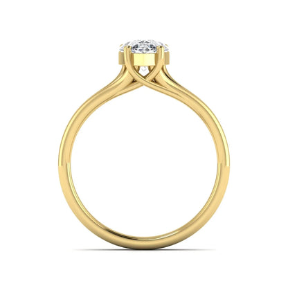 IGI certified 1.34 carat pear cut lab grown diamond solitaire engagement ring with elegant split shank in yellow gold.
