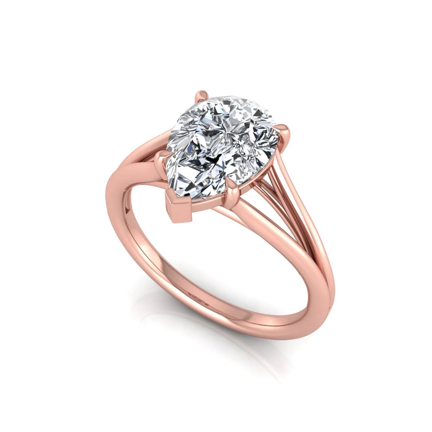 Pear cut lab grown diamond solitaire engagement ring with an elegant split shank and classic prong setting in rose gold