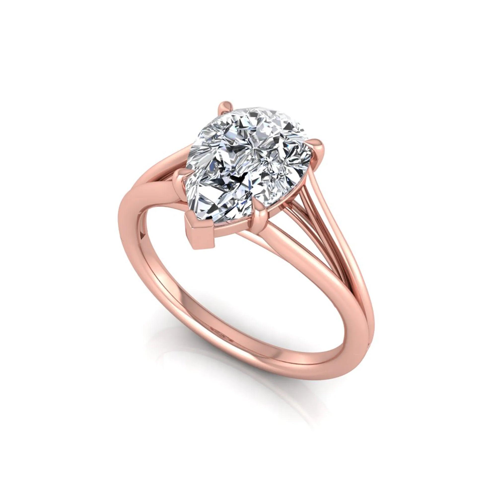 Pear cut lab grown diamond solitaire engagement ring with an elegant split shank and classic prong setting in rose gold