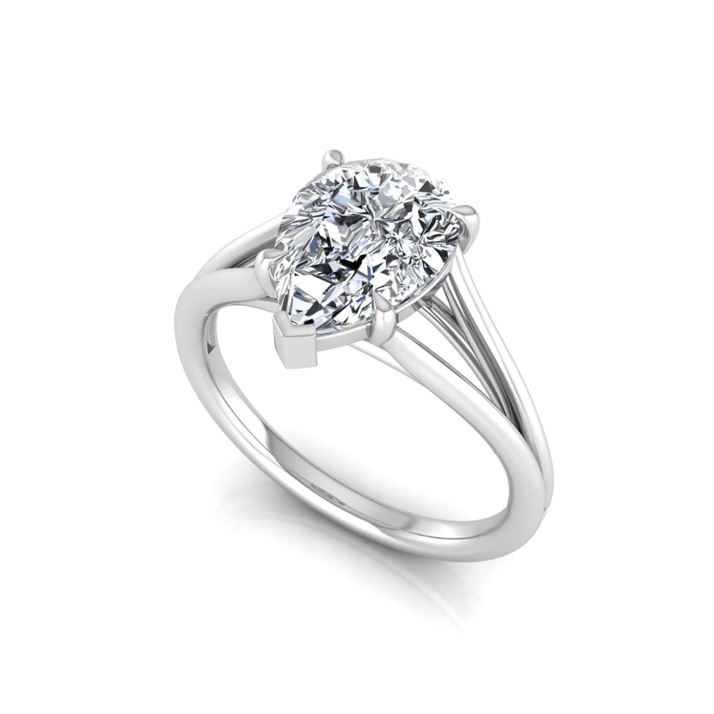 Pear cut lab grown diamond solitaire engagement ring with an elegant split shank and classic prong setting in white gold