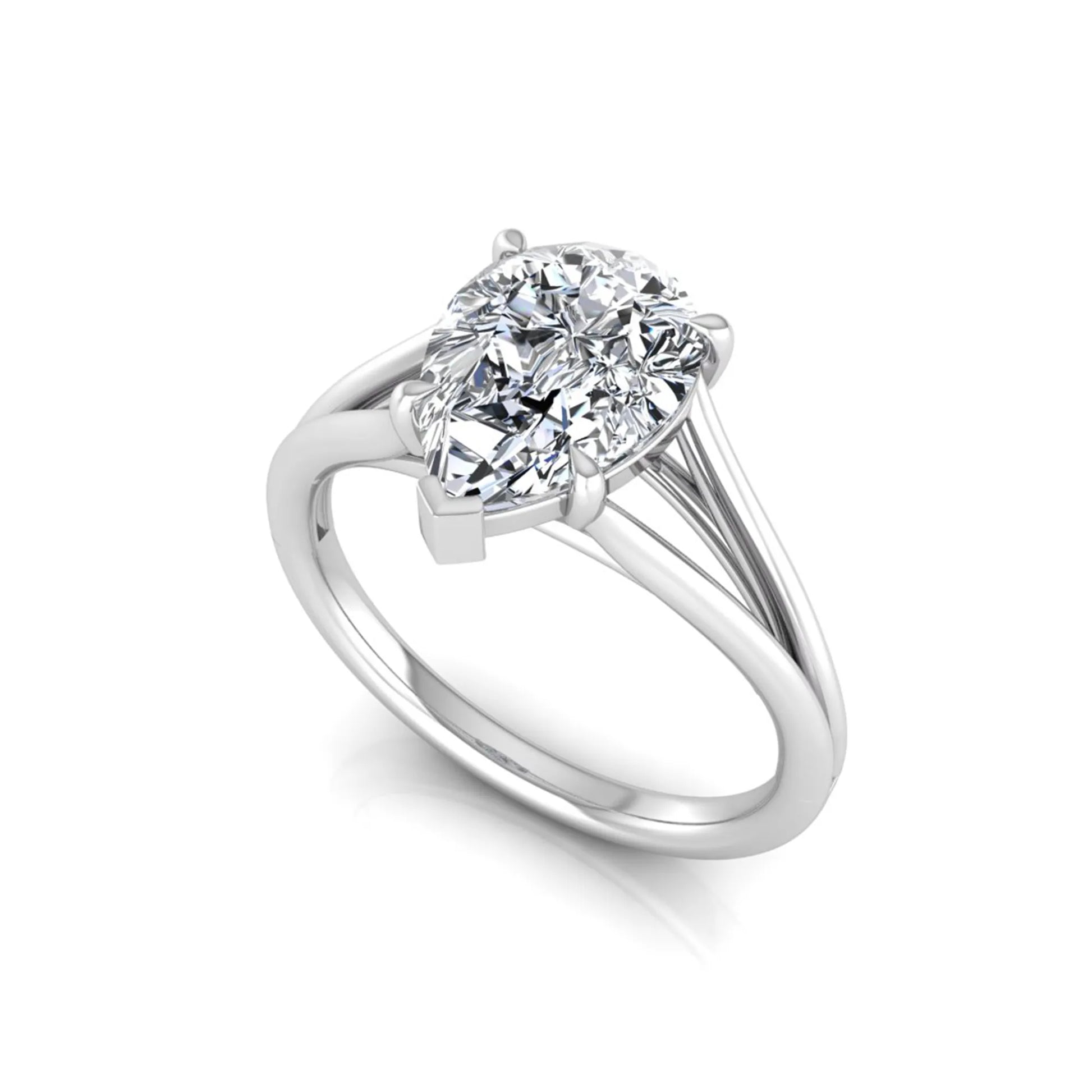 Pear cut lab grown diamond solitaire engagement ring with an elegant split shank and classic prong setting in white gold