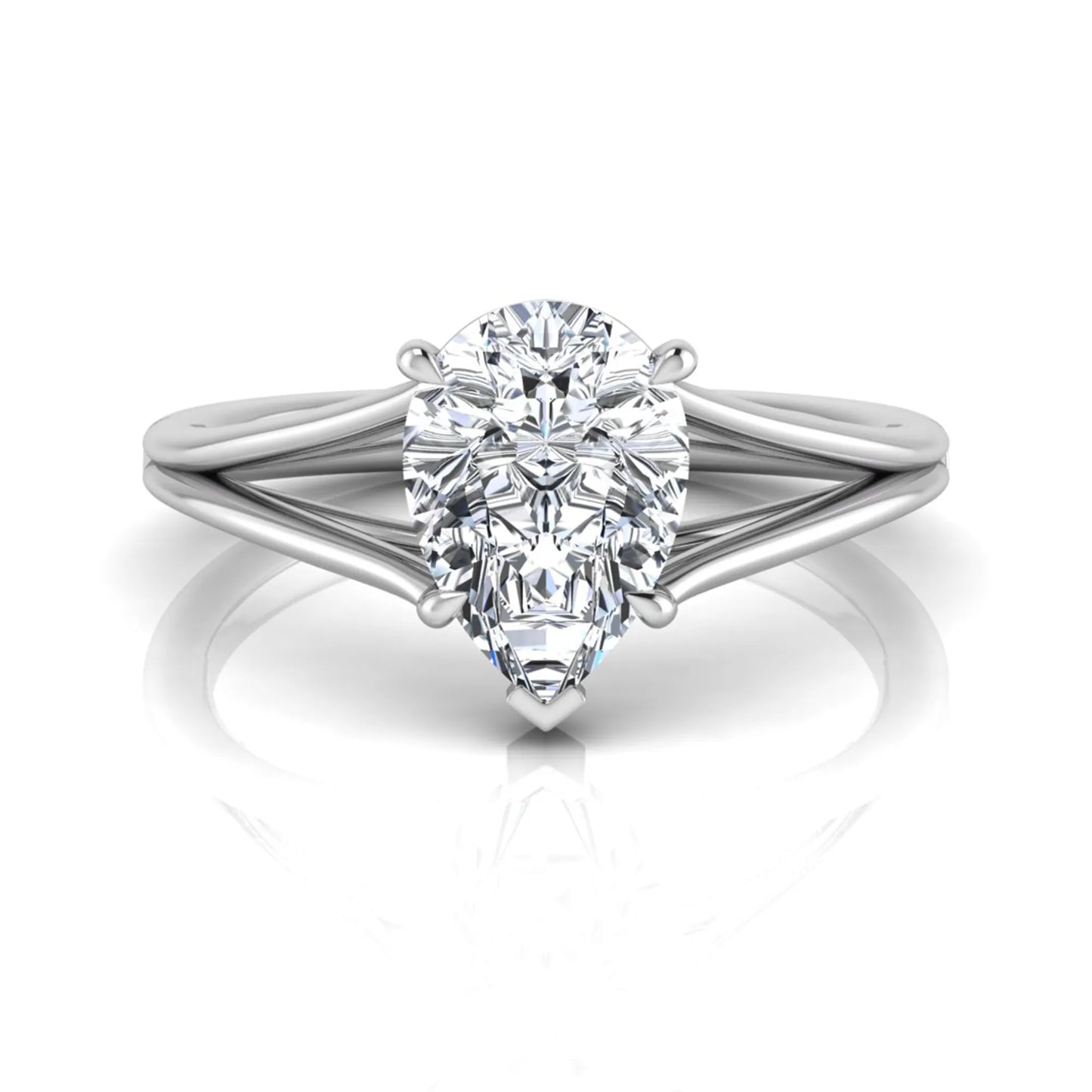 Pear cut lab grown diamond solitaire engagement ring with an elegant split shank and classic prong setting in white gold