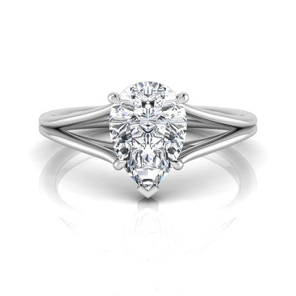Pear cut lab grown diamond solitaire engagement ring with an elegant split shank and classic prong setting in white gold