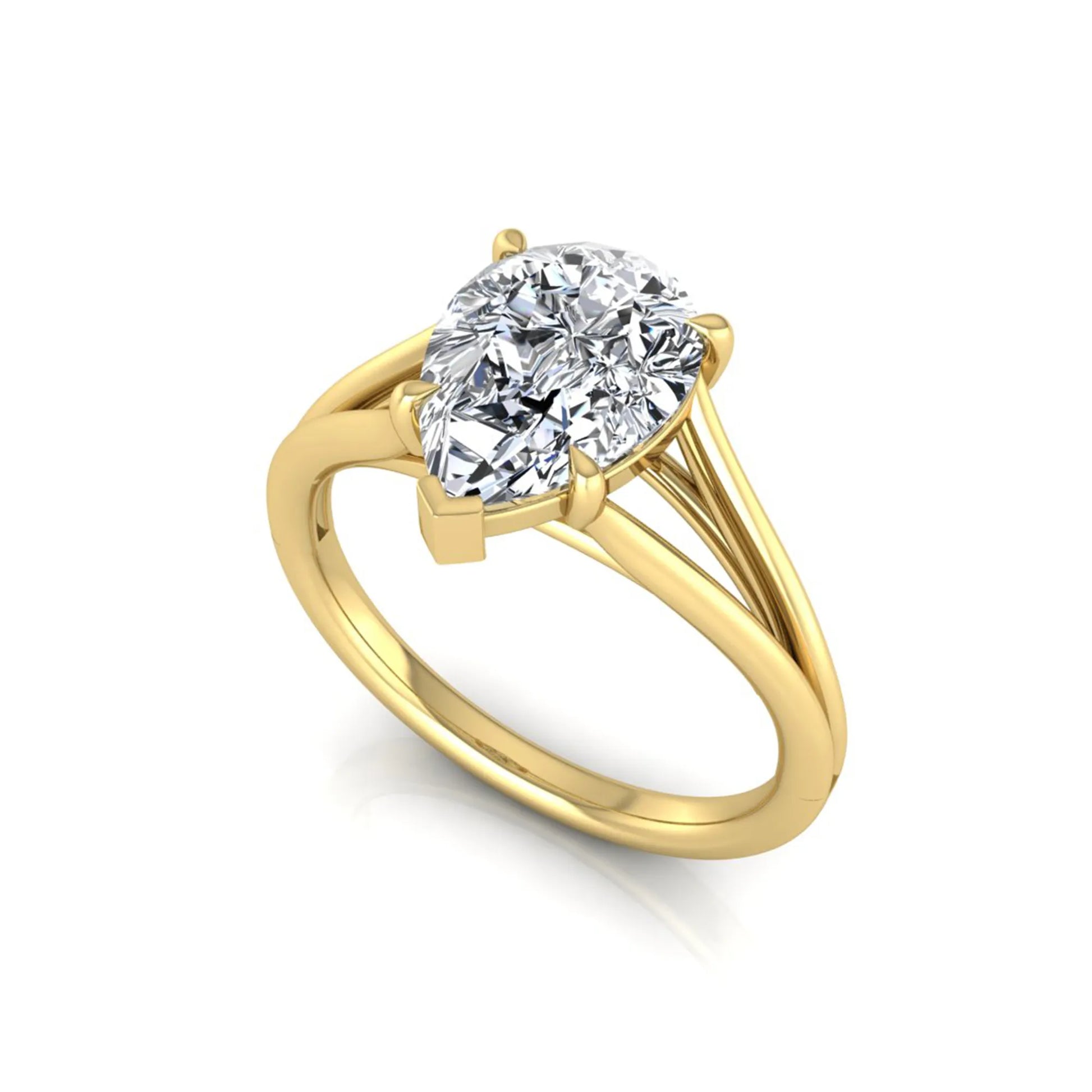 Pear cut lab grown diamond solitaire engagement ring with an elegant split shank and classic prong setting in yellow gold