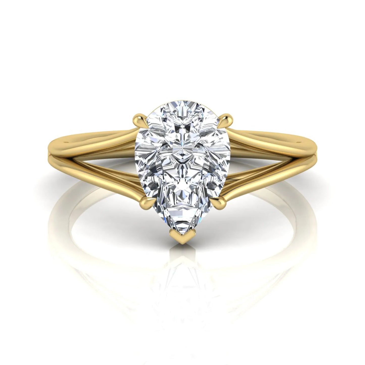 Pear cut lab grown diamond solitaire engagement ring with an elegant split shank and classic prong setting in yellow gold