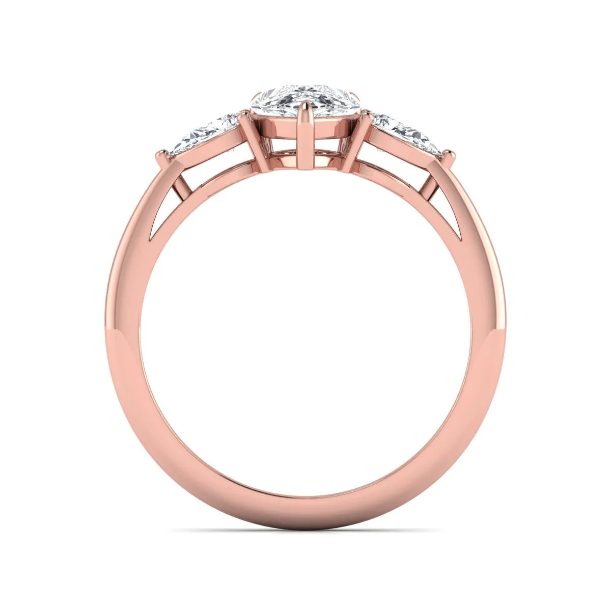 Pear three stone lab grown diamond engagement ring featuring a 1.33 carat IGI certified pear cut center diamond with pear cut side diamonds in rose gold.