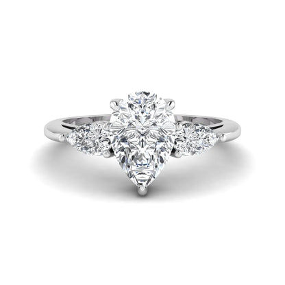 Pear three stone lab grown diamond engagement ring featuring a 1.33 carat IGI certified pear cut center diamond with pear cut side diamonds in white gold.