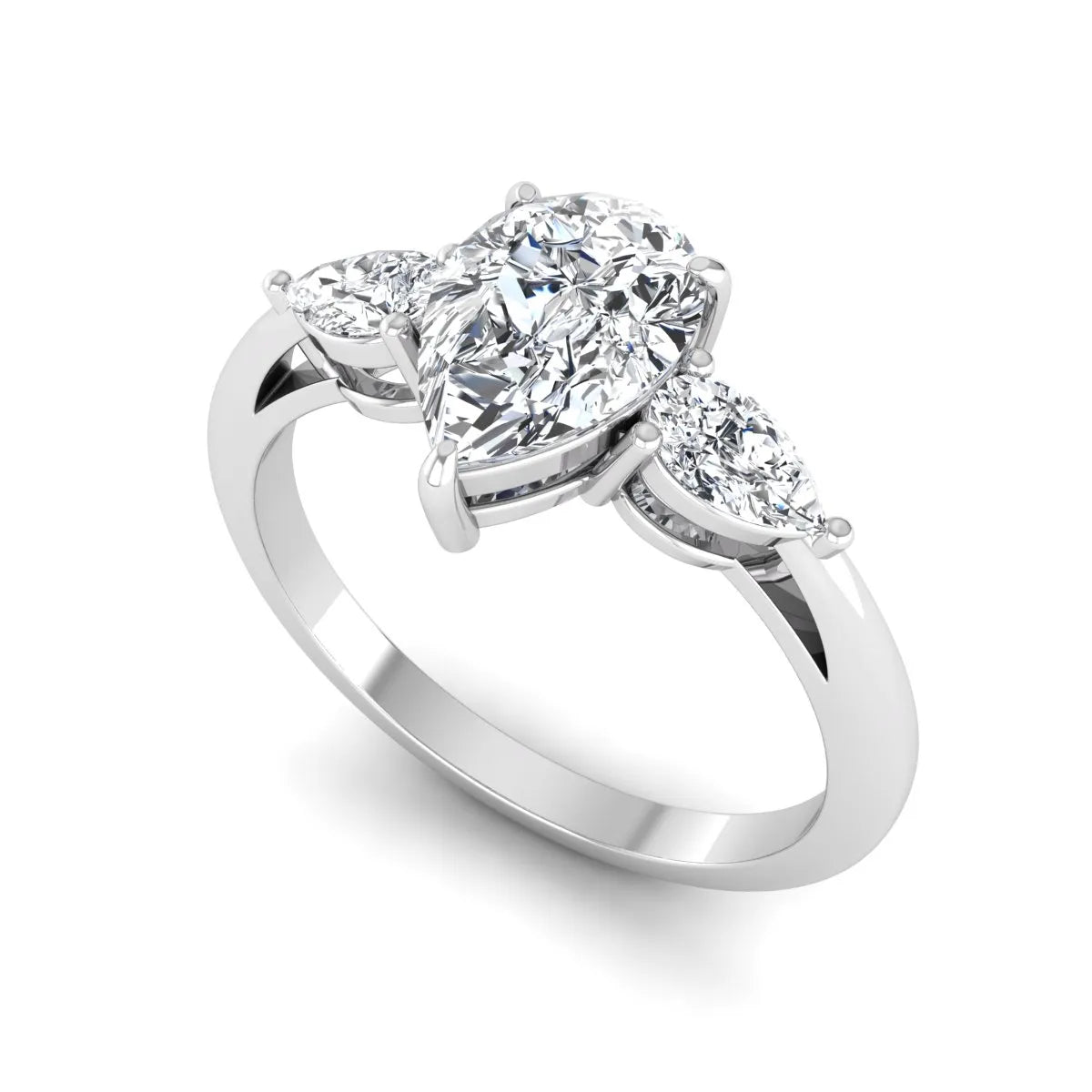 Pear three stone lab grown diamond engagement ring featuring a 1.33 carat IGI certified pear cut center diamond with pear cut side diamonds in white gold.