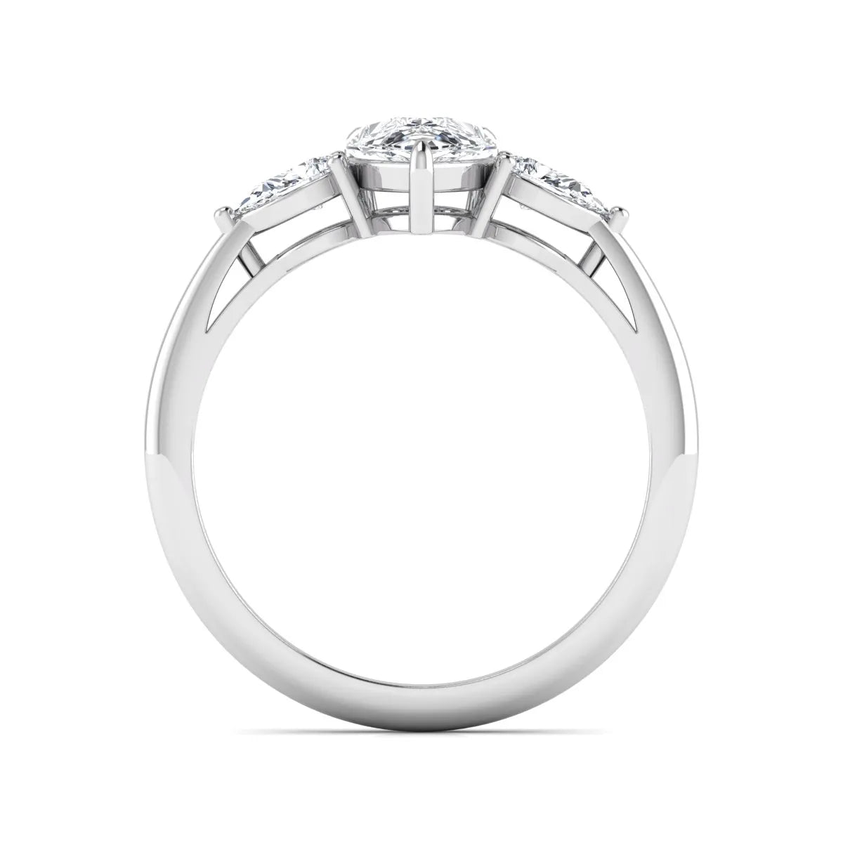 Pear three stone lab grown diamond engagement ring featuring a 1.33 carat IGI certified pear cut center diamond with pear cut side diamonds in white gold.