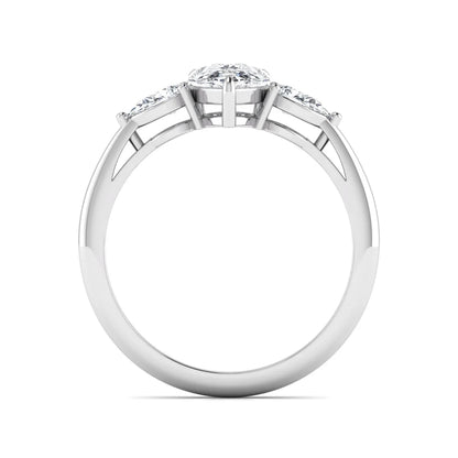 Pear three stone lab grown diamond engagement ring featuring a 1.33 carat IGI certified pear cut center diamond with pear cut side diamonds in white gold.