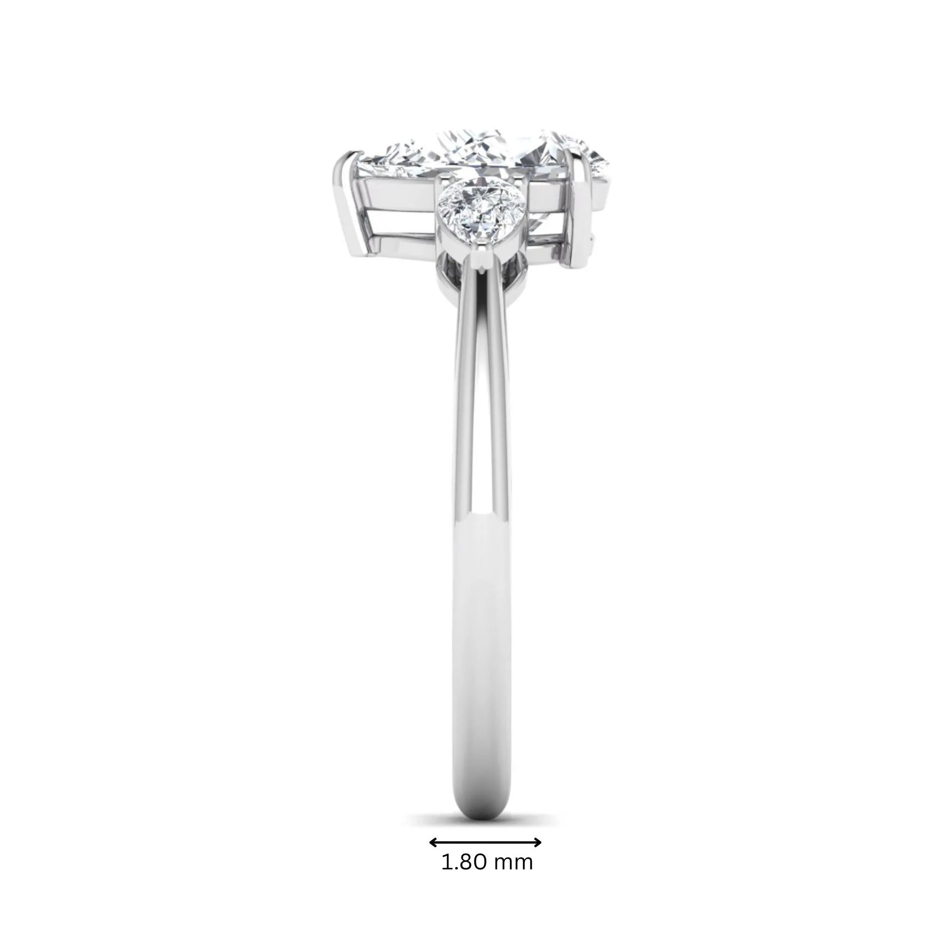 Pear three stone lab grown diamond engagement ring featuring a 1.33 carat IGI certified pear cut center diamond with pear cut side diamonds in white gold.