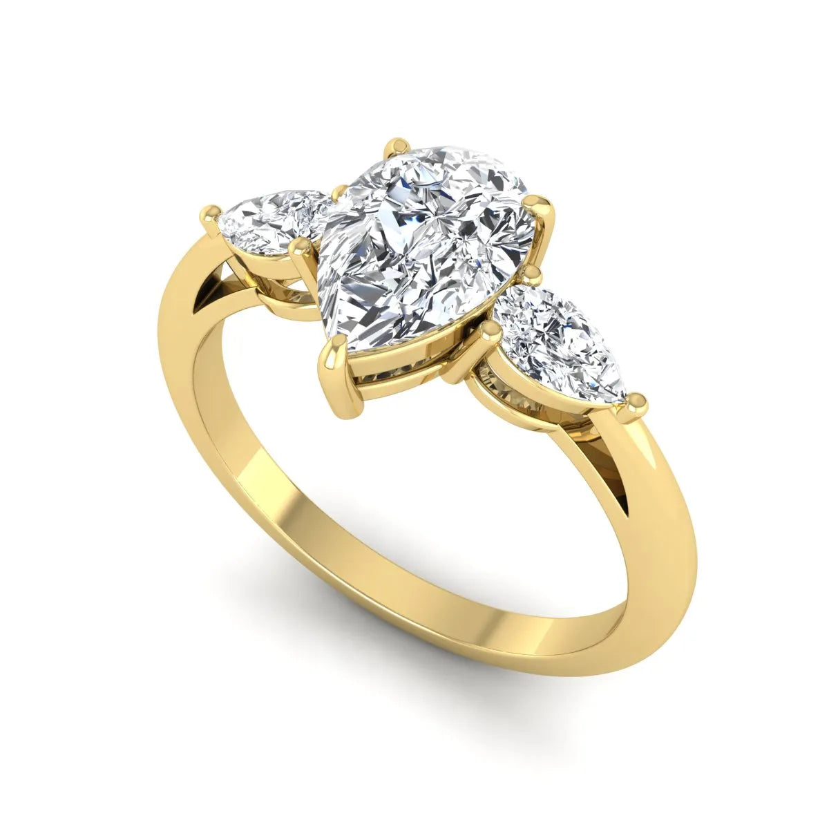 Pear three stone lab grown diamond engagement ring featuring a 1.33 carat IGI certified pear cut center diamond with pear cut side diamonds in yellow gold.