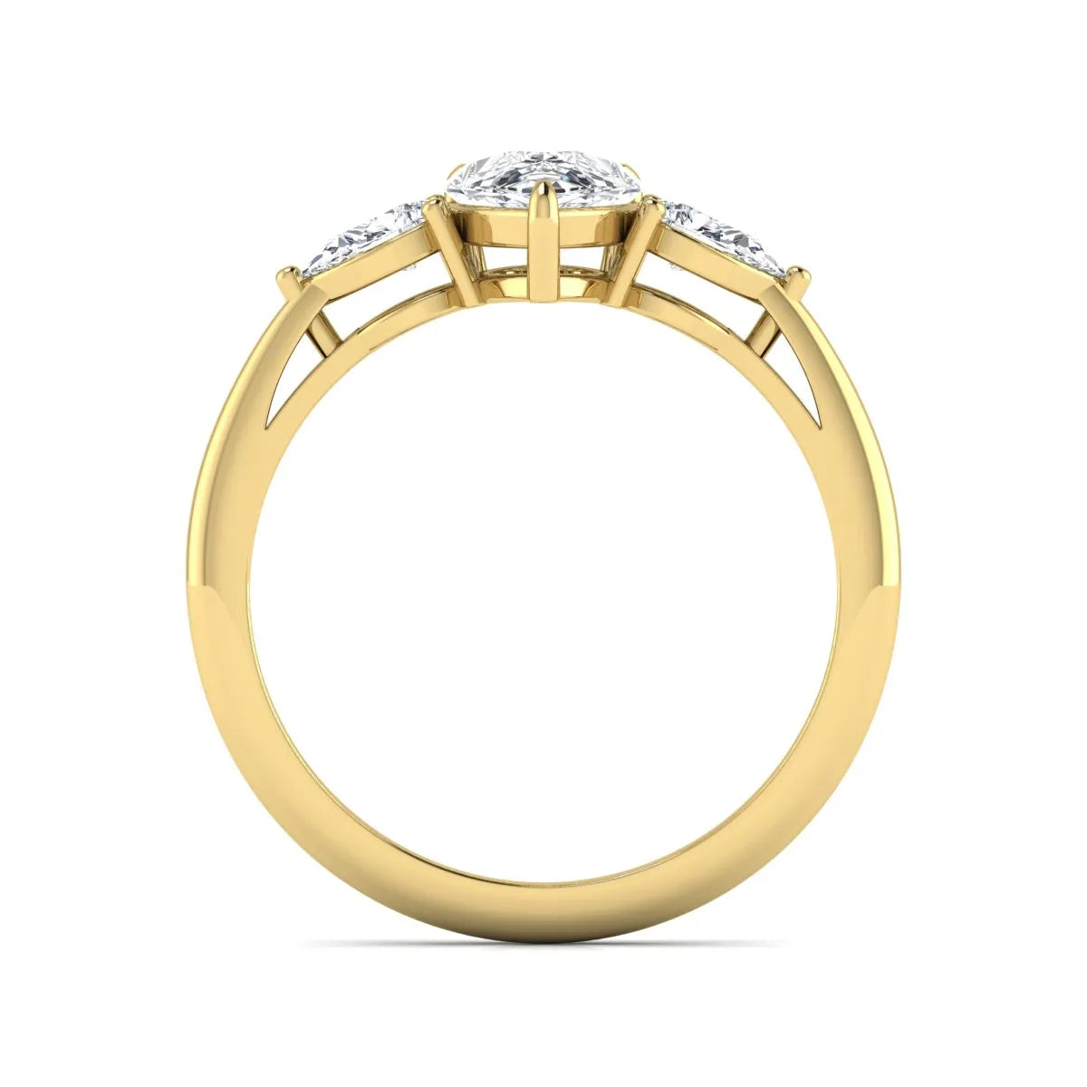Pear three stone lab grown diamond engagement ring featuring a 1.33 carat IGI certified pear cut center diamond with pear cut side diamonds in yellow gold.