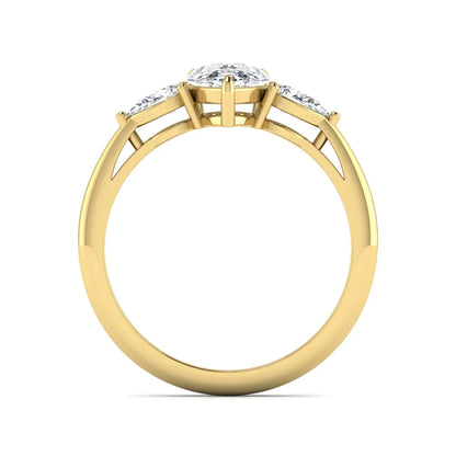 Pear three stone lab grown diamond engagement ring featuring a 1.33 carat IGI certified pear cut center diamond with pear cut side diamonds in yellow gold.