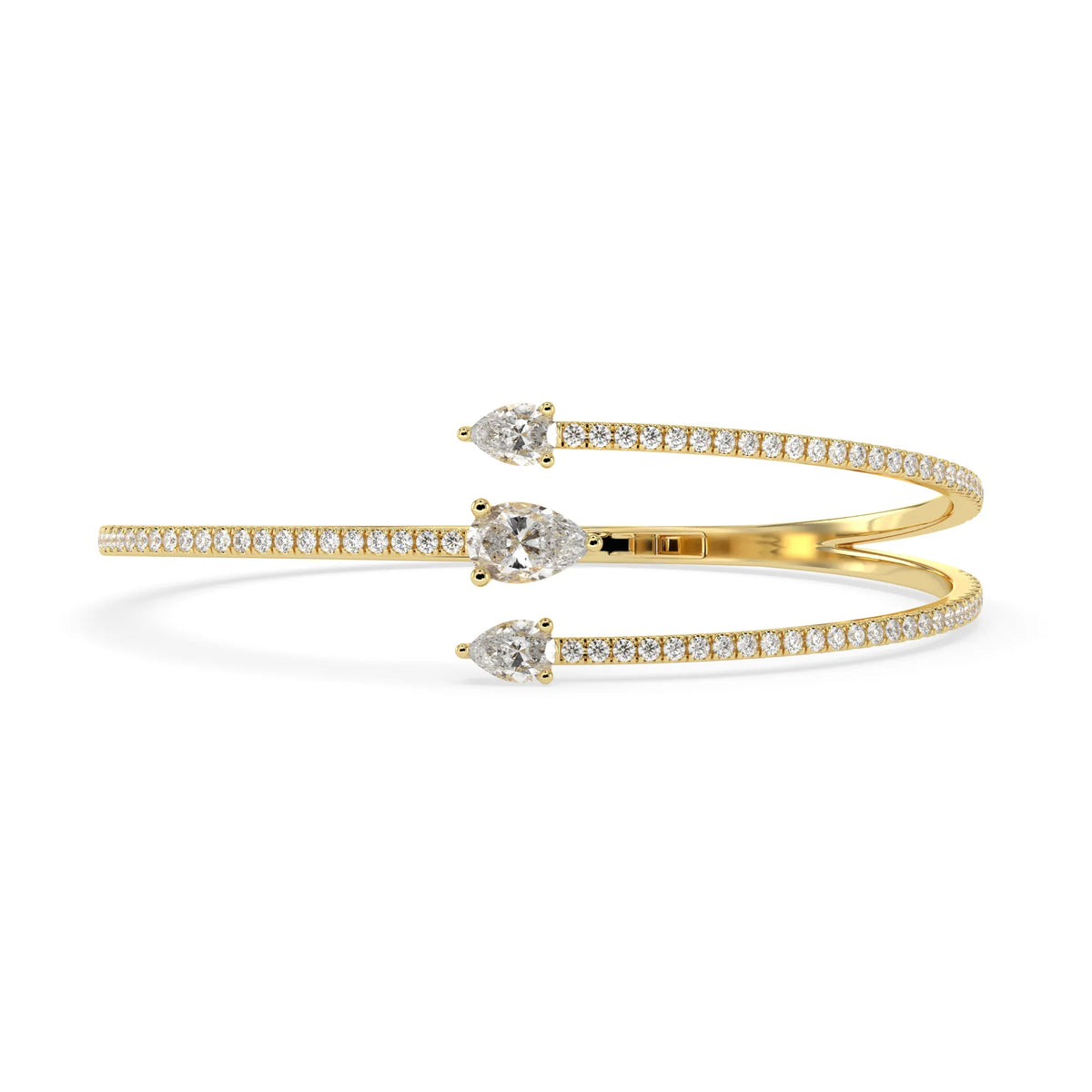 1.30 Carat Pear Three Stone Open Cuff Lab Grown Diamond Bypass Pave Bangle Bracelet
