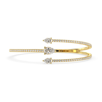 1.30 Carat Pear Three Stone Open Cuff Lab Grown Diamond Bypass Pave Bangle Bracelet