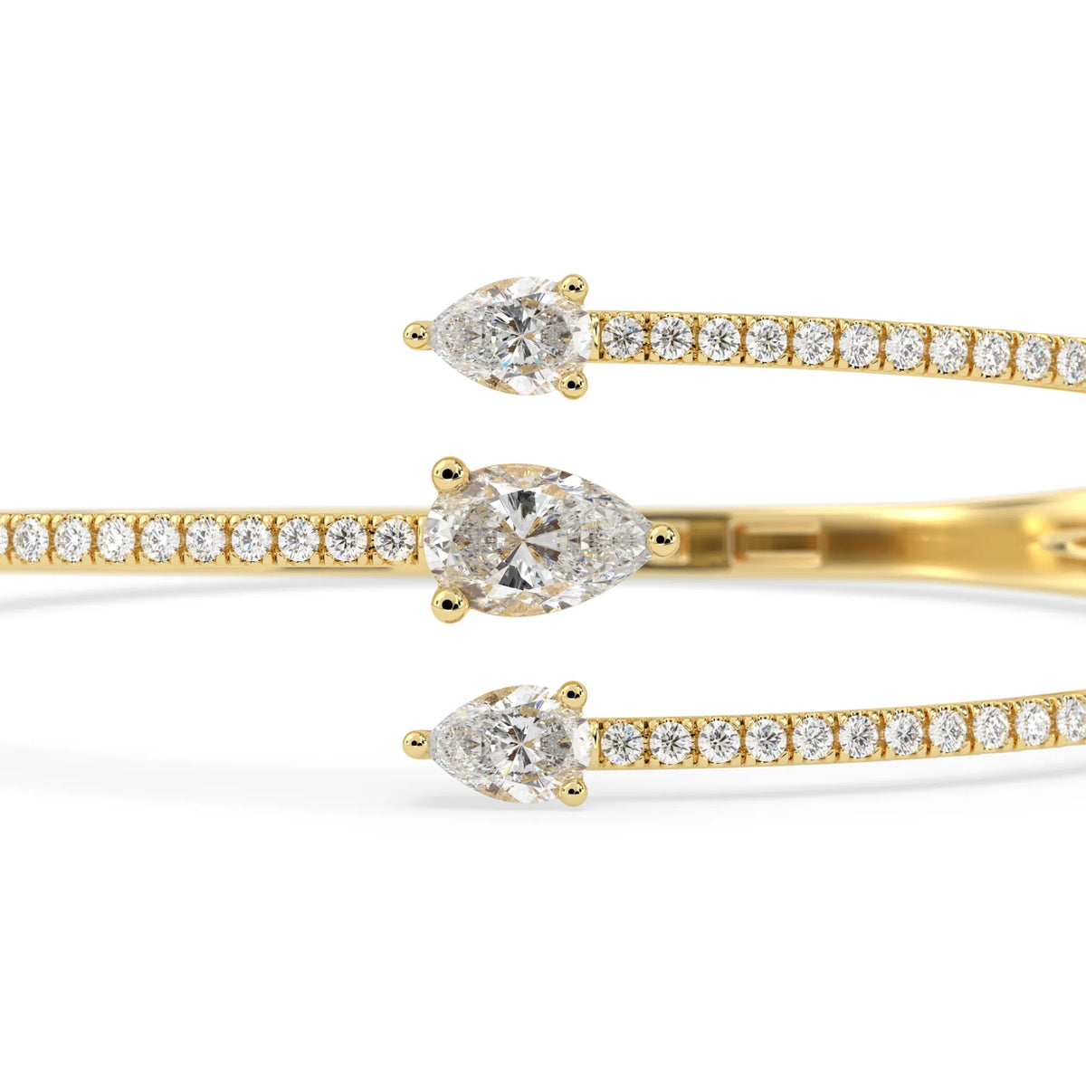 1.30 Carat Pear Three Stone Open Cuff Lab Grown Diamond Bypass Pave Bangle Bracelet