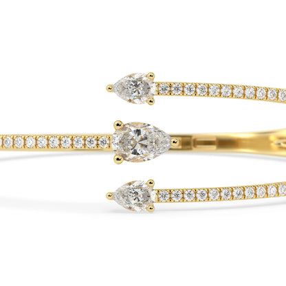 1.30 Carat Pear Three Stone Open Cuff Lab Grown Diamond Bypass Pave Bangle Bracelet