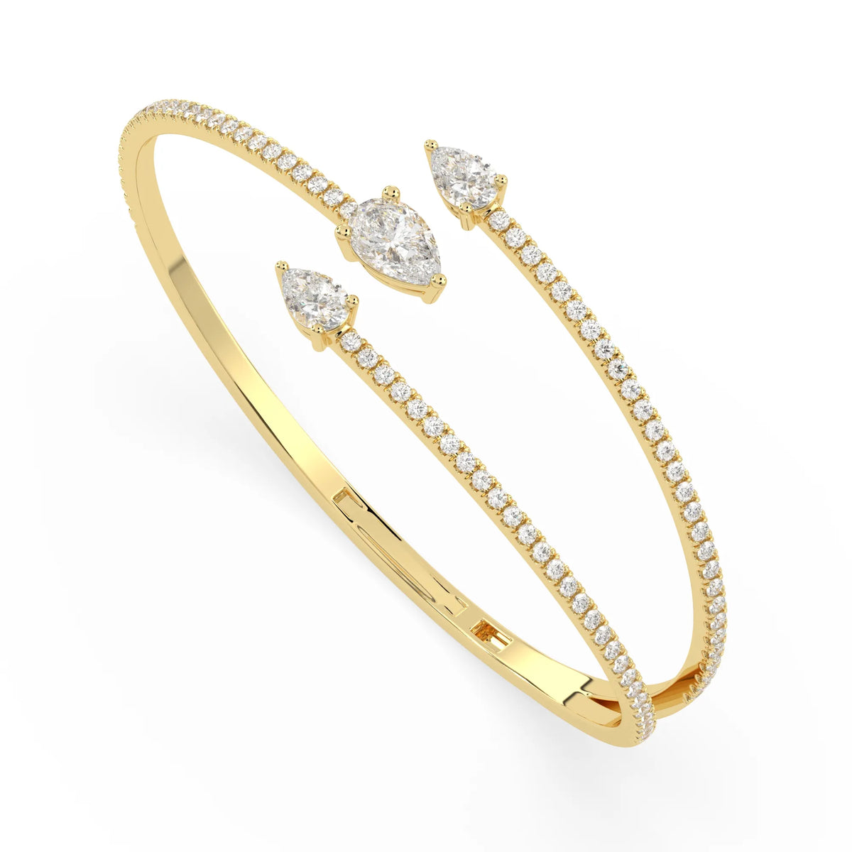 1.30 Carat Pear Three Stone Open Cuff Lab Grown Diamond Bypass Pave Bangle Bracelet