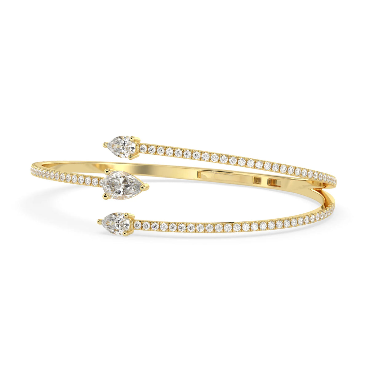1.30 Carat Pear Three Stone Open Cuff Lab Grown Diamond Bypass Pave Bangle Bracelet