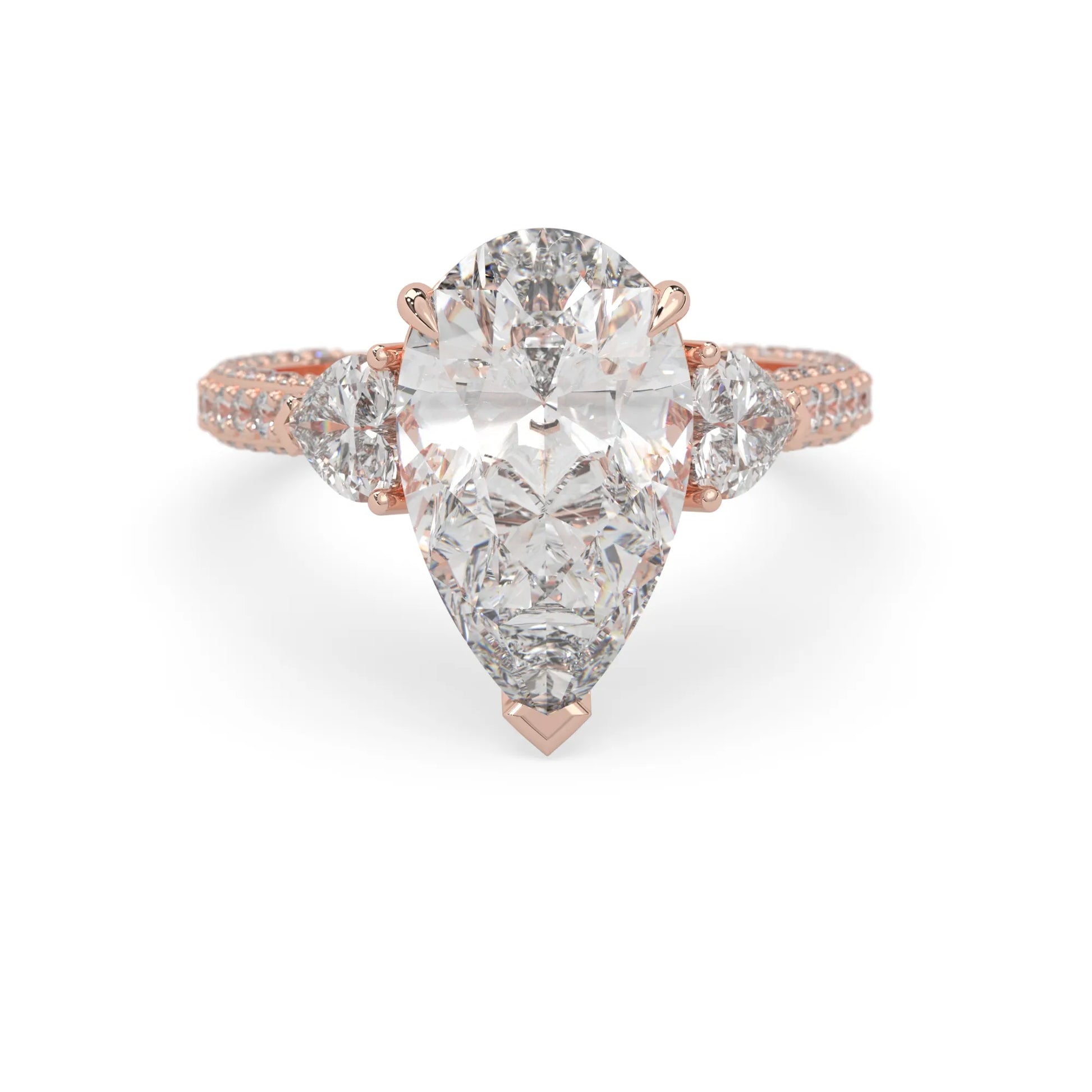 Pear three stone pave lab grown diamond cocktail ring with 6.50 carat center diamond in rose gold