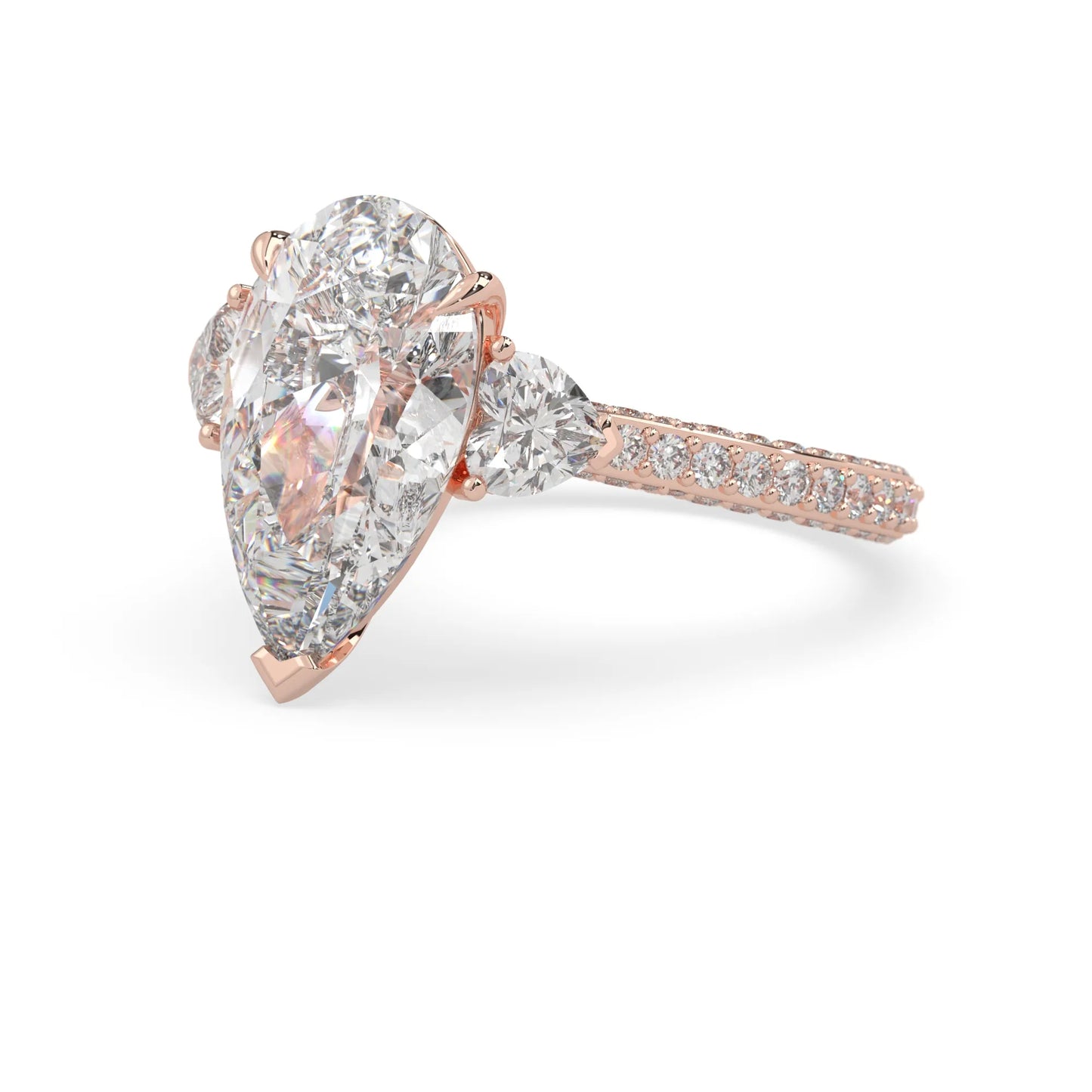 Pear three stone pave lab grown diamond cocktail ring with 6.50 carat center diamond in rose gold