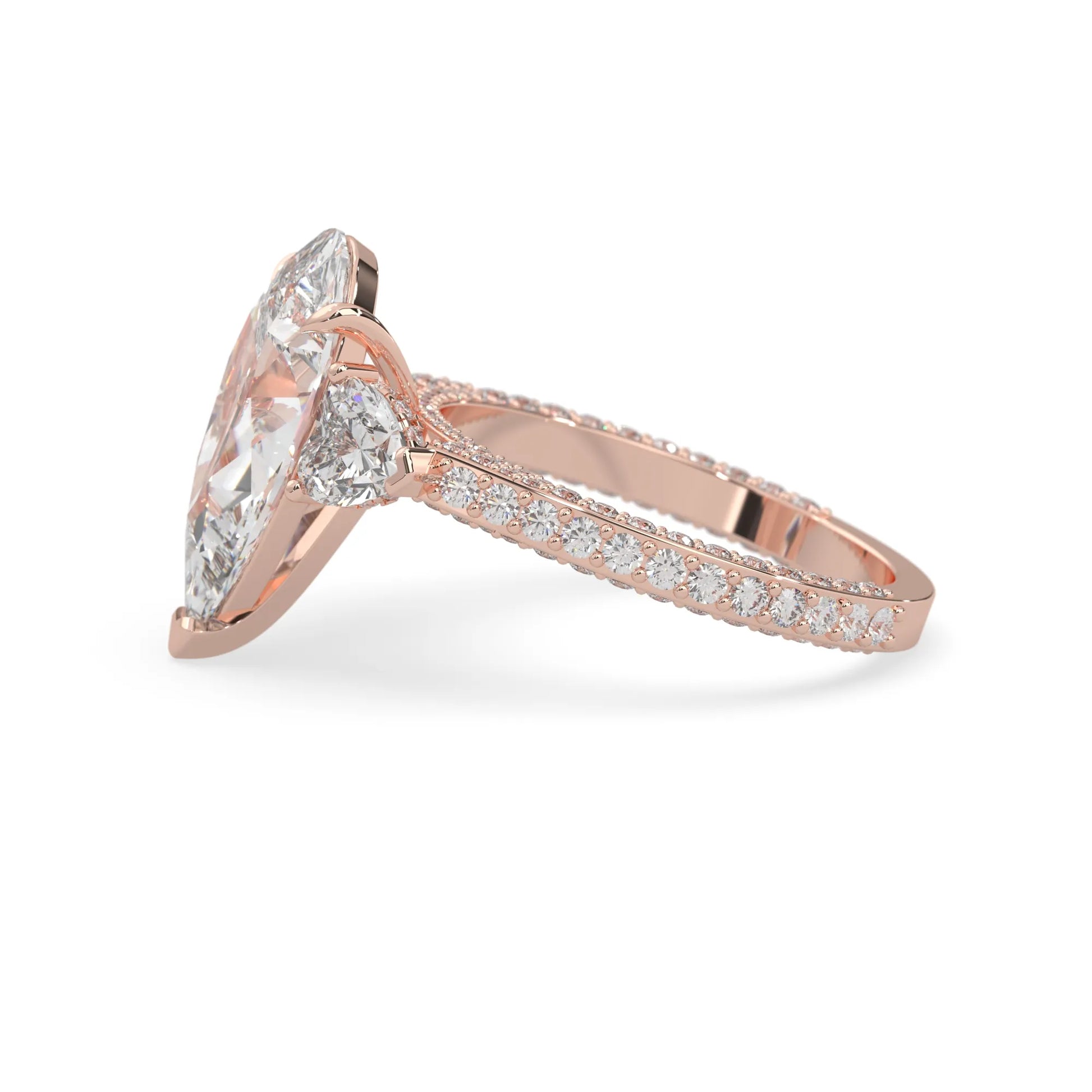 Pear three stone pave lab grown diamond cocktail ring with 6.50 carat center diamond in rose gold