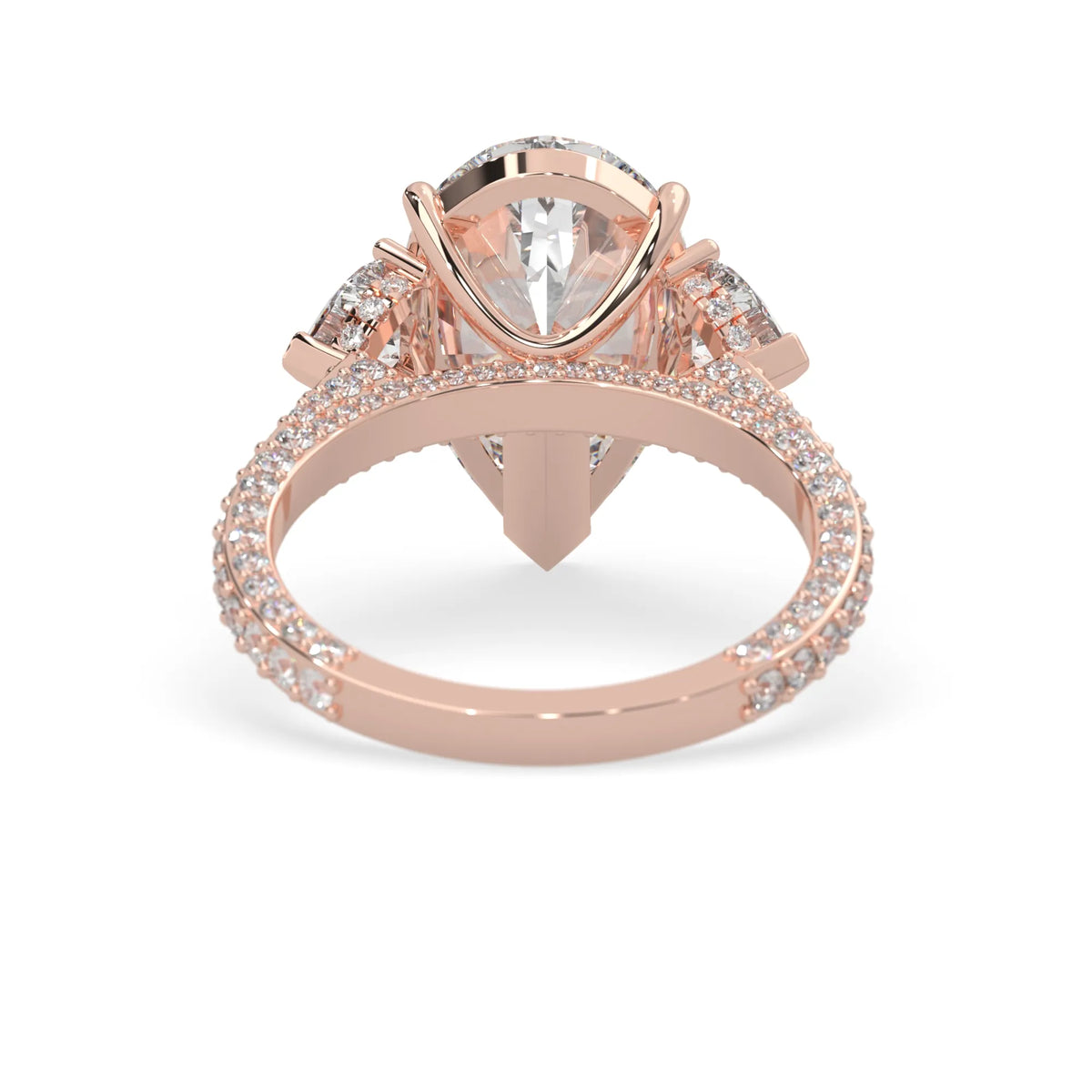 Pear three stone pave lab grown diamond cocktail ring with 6.50 carat center diamond in rose gold