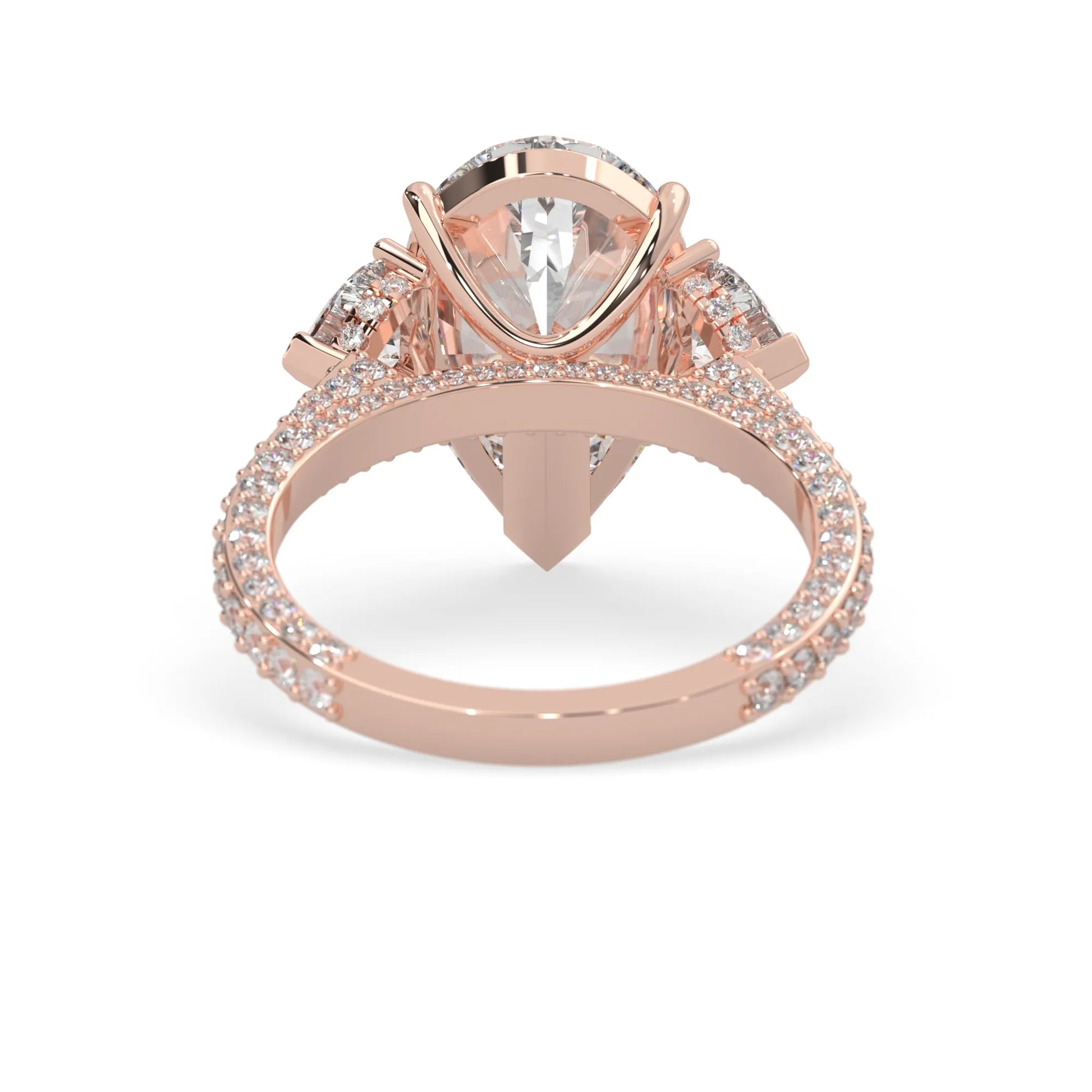 Pear three stone pave lab grown diamond cocktail ring with 6.50 carat center diamond in rose gold