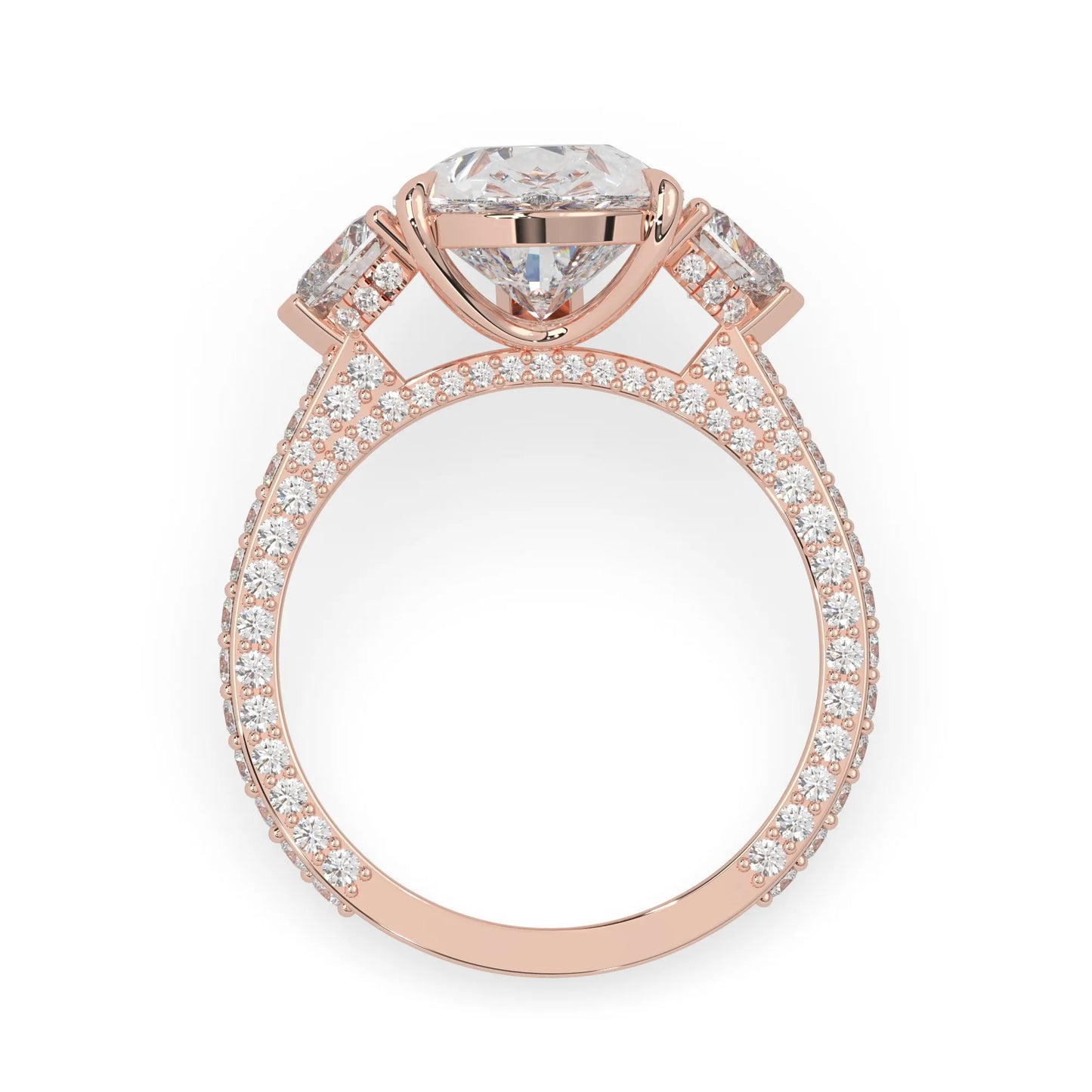 Pear three stone pave lab grown diamond cocktail ring with 6.50 carat center diamond in rose gold