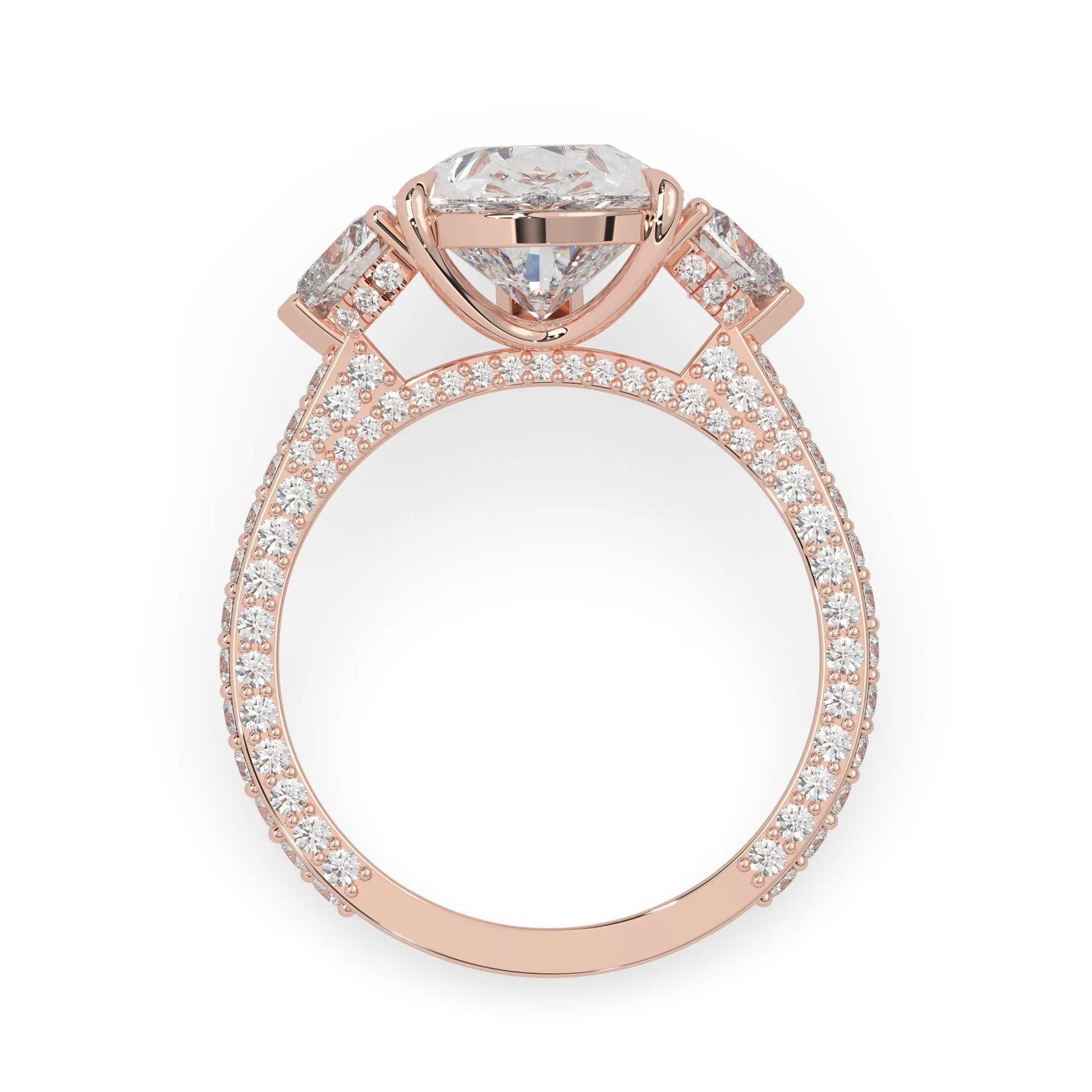 Pear three stone pave lab grown diamond cocktail ring with 6.50 carat center diamond in rose gold