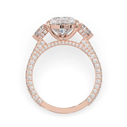 Pear three stone pave lab grown diamond cocktail ring with 6.50 carat center diamond in rose gold