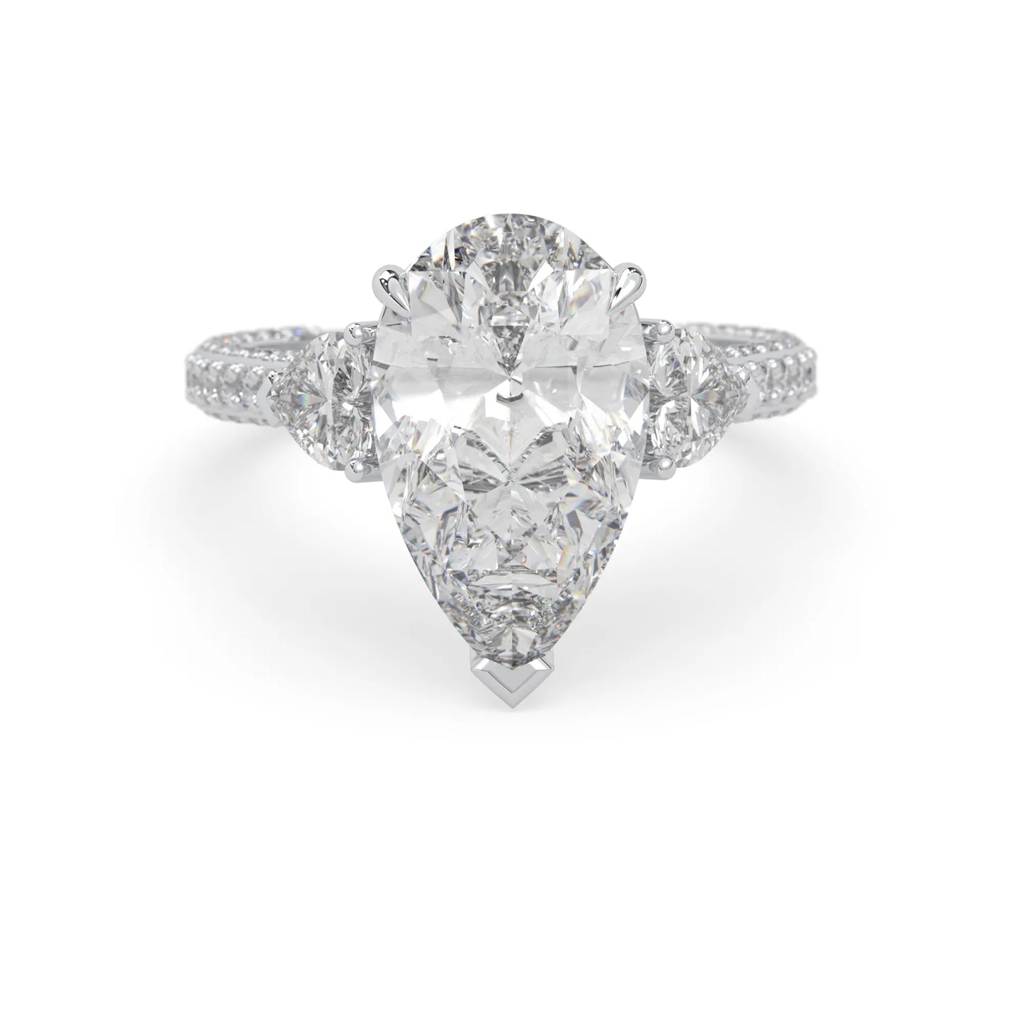 Pear three stone pave lab grown diamond cocktail ring with 6.50 carat center diamond in white gold