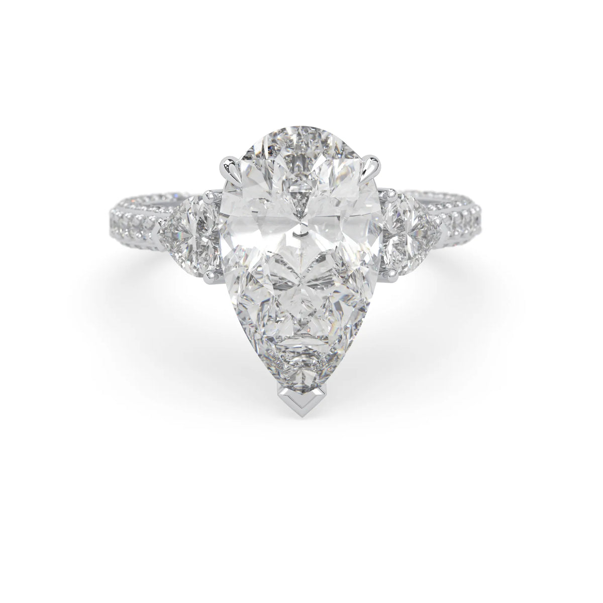 Pear three stone pave lab grown diamond cocktail ring with 6.50 carat center diamond in white gold