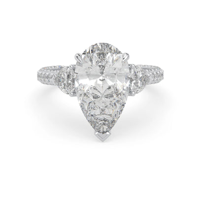 Pear three stone pave lab grown diamond cocktail ring with 6.50 carat center diamond in white gold