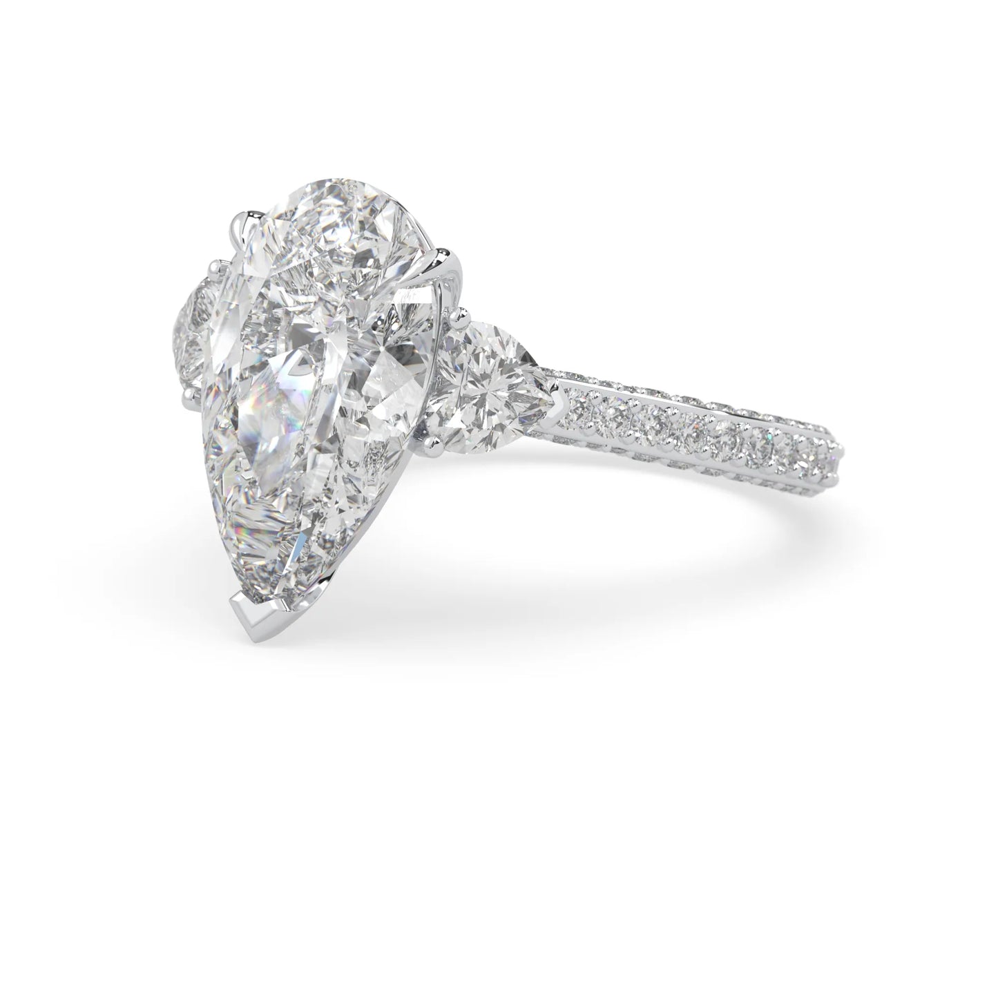 Pear three stone pave lab grown diamond cocktail ring with 6.50 carat center diamond in white gold