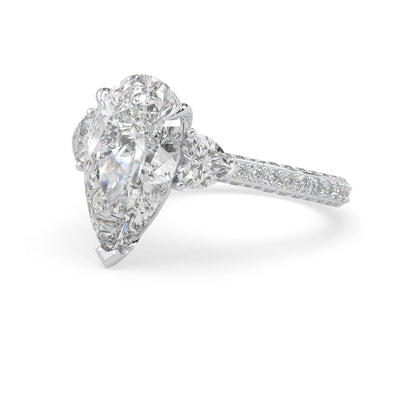 Pear three stone pave lab grown diamond cocktail ring with 6.50 carat center diamond in white gold